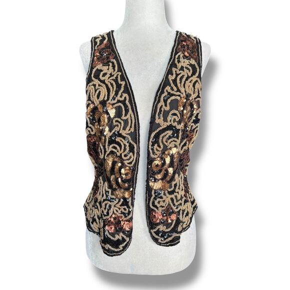 Vintage 90s Black Tie Silk Beaded Metallic Sequin Open Front Vest Gold Bronze - Picture 2 of 11